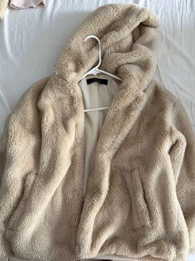 Zara Plush Hooded Teddy Jacket in Beige